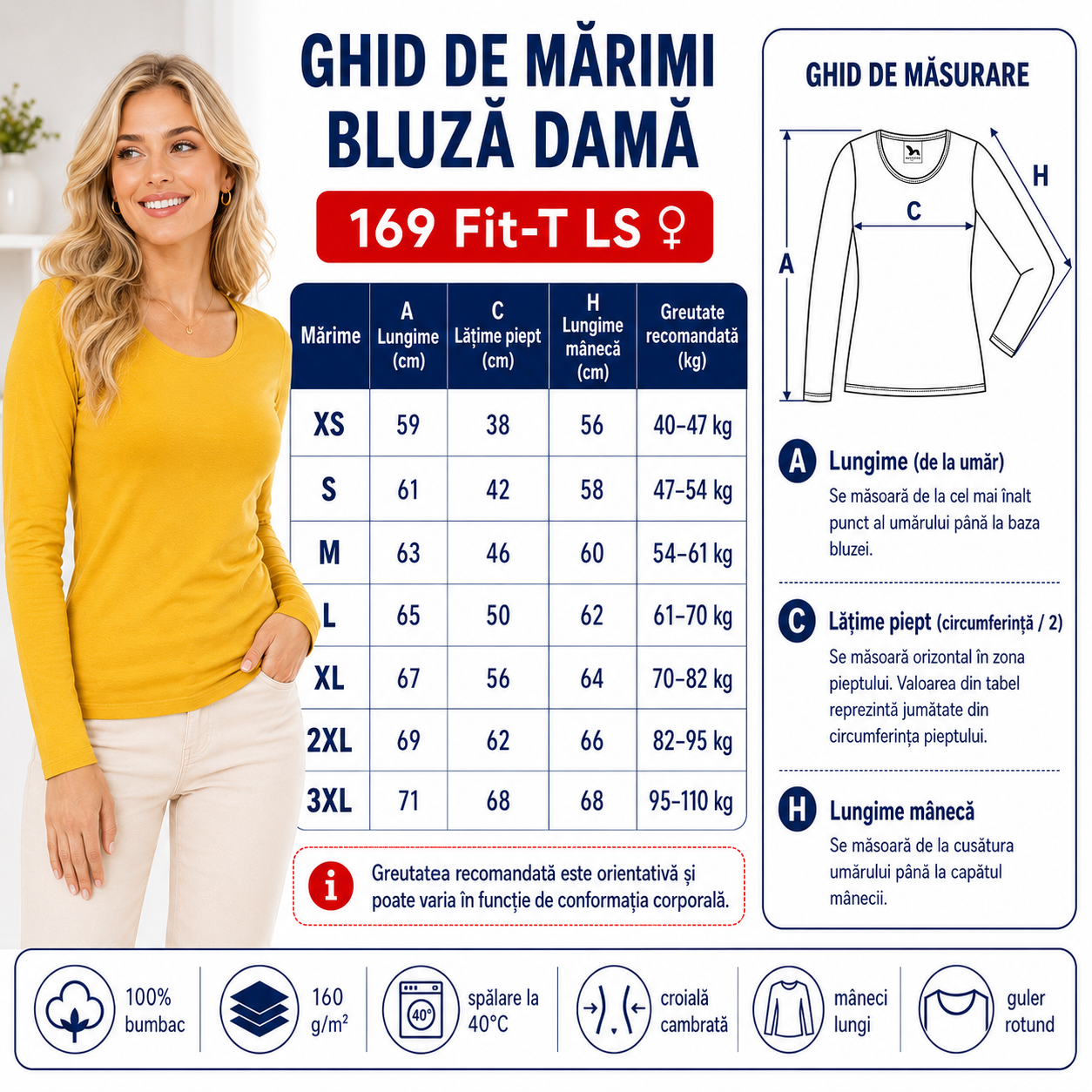 Ghid mărimi bluză damă 169 Fit-T LS, XS, S, M, L, XL, 2XL și 3XL
